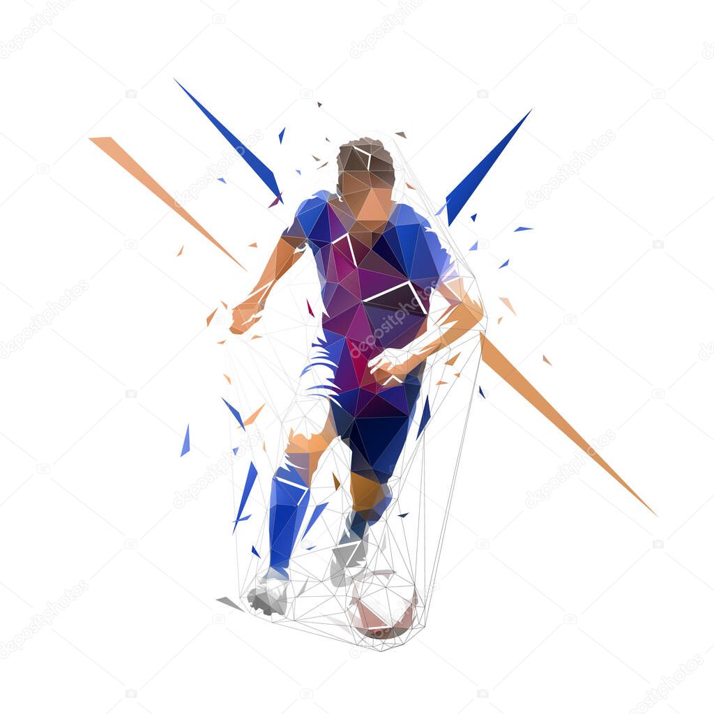 Football player in dark blue jersey running with ball, abstract low poly vector drawing. Soccer player kicking ball. Isolated geometric colorful illustration, front view