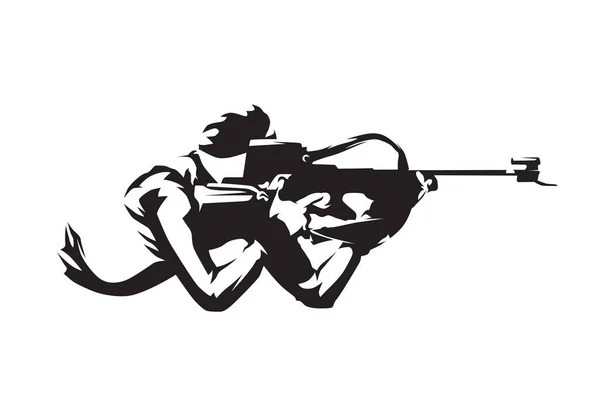 Shooting Lying Biathlon Isolated Vector Silhouette Side View — Stock Vector