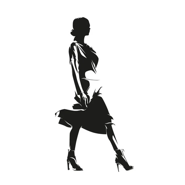 Femme Robe Été Silhouette Vectorielle Isolée Dessin Encre Vue Latérale — Image vectorielle