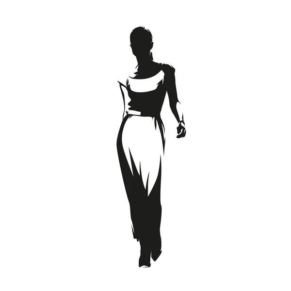 Mujer Caminante Vestido Verano Pasarela Silueta Vectorial Aislada Dibujo Tinta — Vector de stock