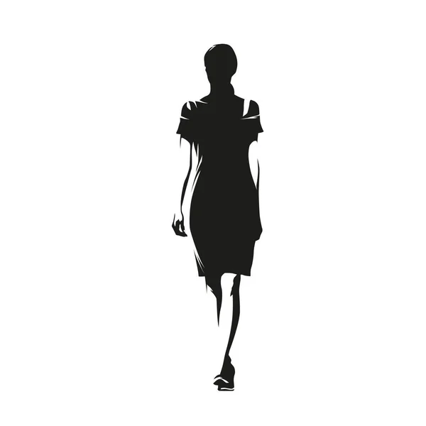 Femme Affaires Marchante Robe Courte Passerelle Silhouette Vectorielle Isolée Dessin — Image vectorielle