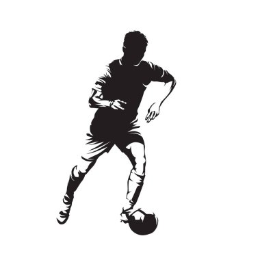 Futbolcu topla koşuyor, futbolcu izole edilmiş vektör silueti. Mürekkep çizimi. Ön görünüm