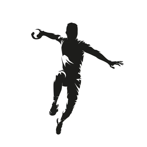 Joueur Handball Lançant Balle Vue Face Silhouette Vectorielle Isolée — Image vectorielle