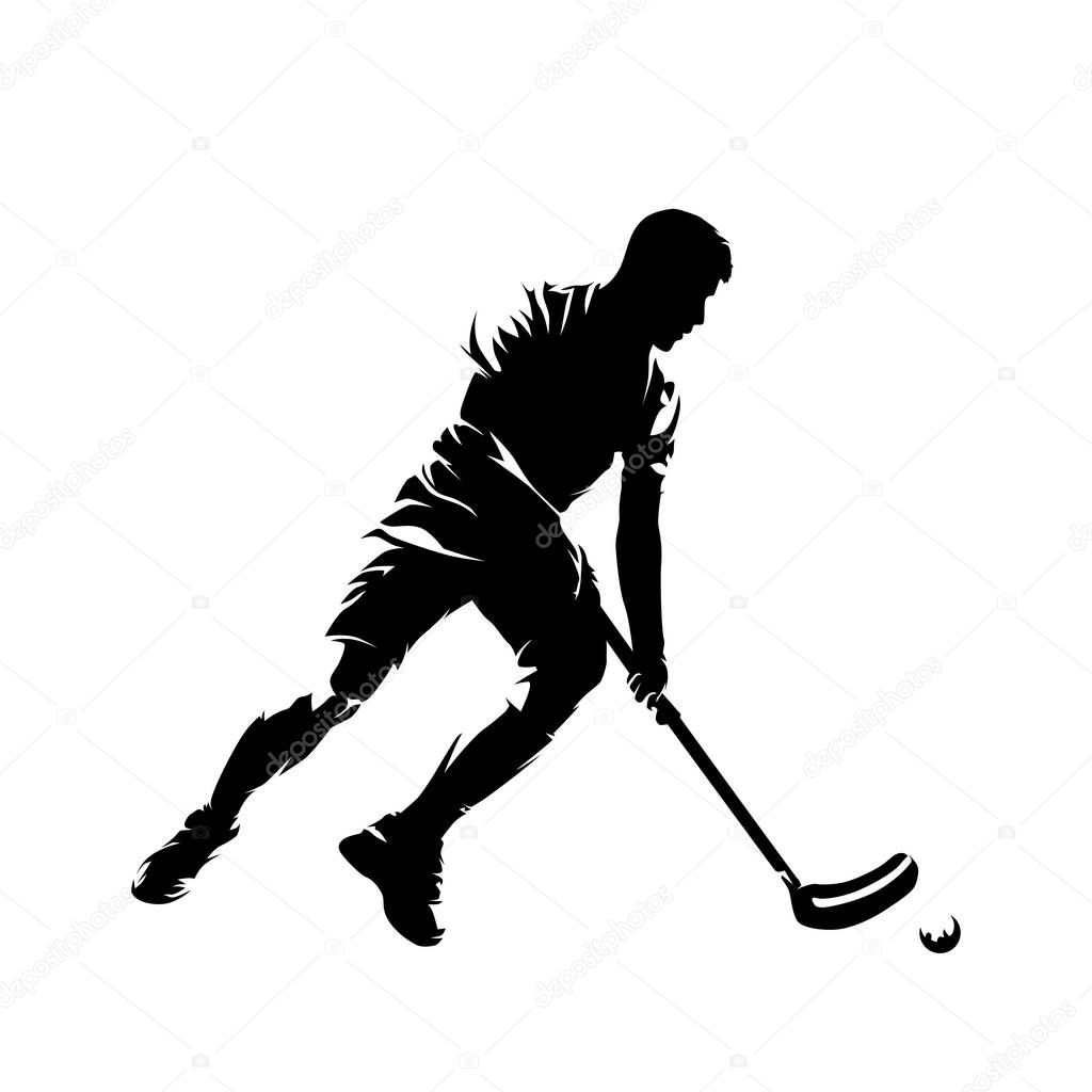Floorball player running with ball, isolated vector silhouette, ink drawing, side view