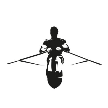 Kürek çekme, atlet sıraları, ön görüş izole vektör silueti. Su sporları logosu