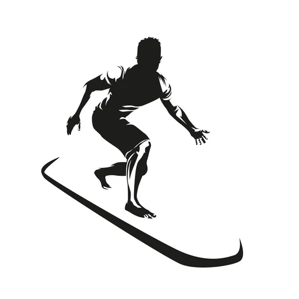 Surfing Surfare Med Surfbräda Ridning Isolerad Vektorsiluett Färgteckning Framifrån — Stock vektor