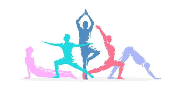 Posturas Yoga Grupo Personas Activas Practicando Yoga Siluetas Vectoriales Aisladas — Archivo Imágenes Vectoriales