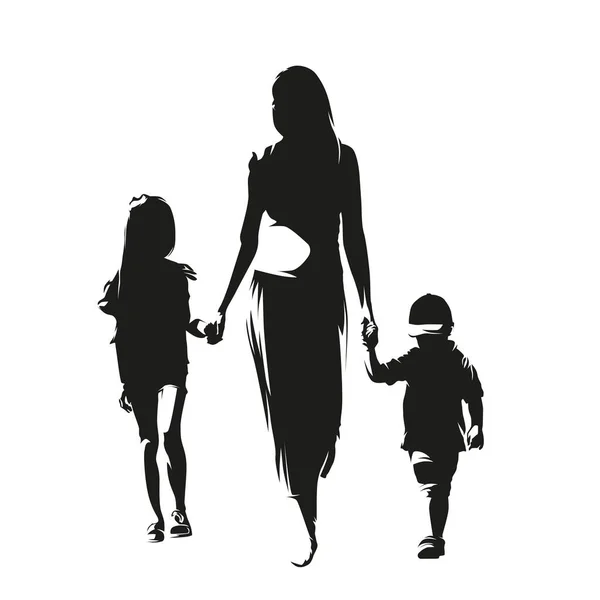 妈妈和孩子们一起走 牵着手 带着女儿和儿子的母亲孤立矢量轮廓 油墨绘图 前视图 — 图库矢量图片
