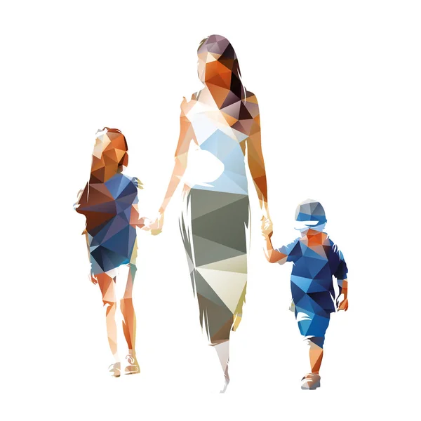 妈妈和孩子们一起走 牵着手 带着女儿和儿子的母亲孤立矢量轮廓 三角形低多边形绘图 前视图 — 图库矢量图片