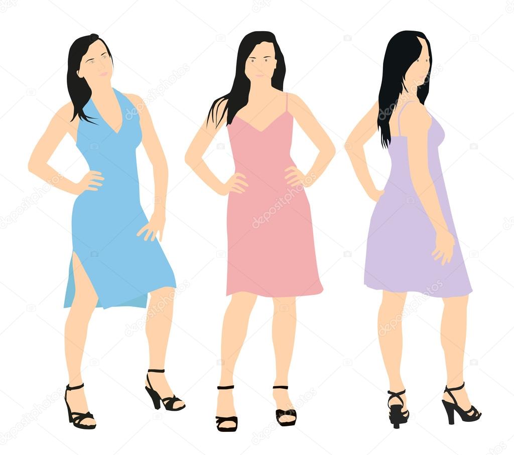 Set of three vector women characters. Young woman in a summer dr