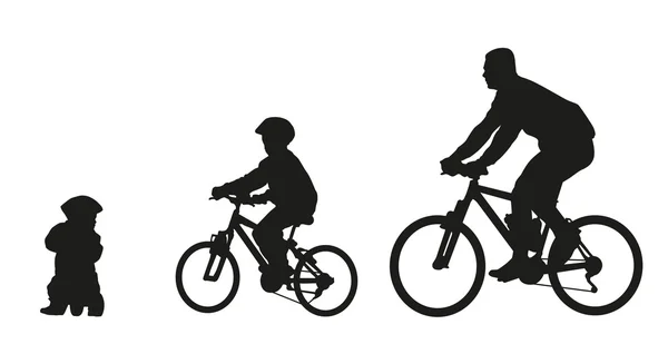 Padre e figli in bici. Silhouette vettoriale — Vettoriale Stock