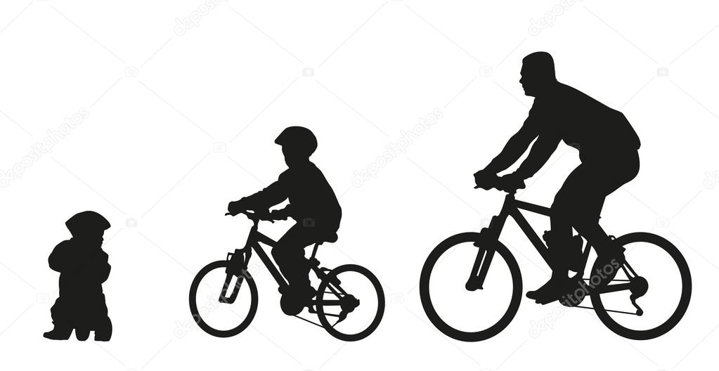 Father and kids on bike. Vector silhouette