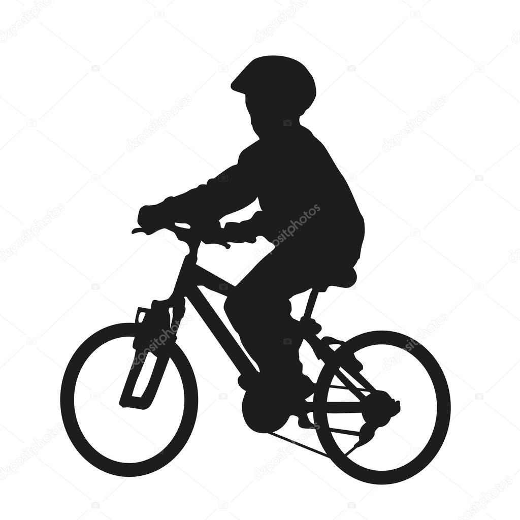 Youn boy on bike. Vector silhouette