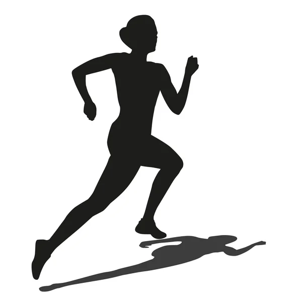 Running woman with shadow. Vector silhouette — Stock Vector