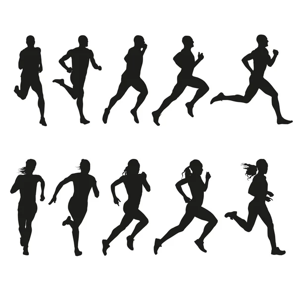 Ensemble de silhouettes d'hommes et de femmes en course — Image vectorielle