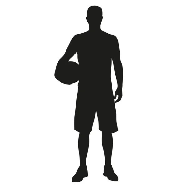 Jugador de baloncesto de pie con pelota en la mano. Silueta vectorial — Vector de stock