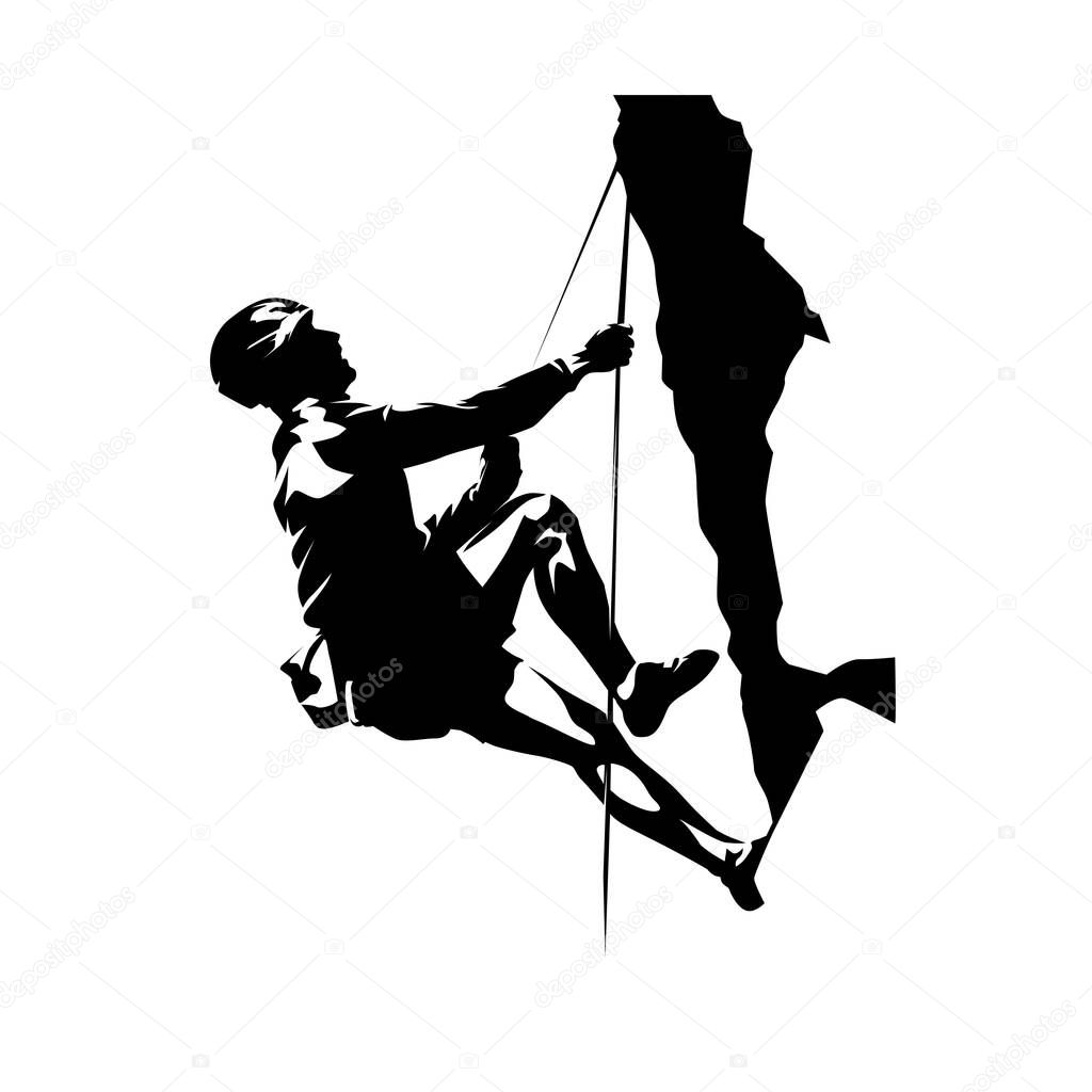 Climber on vertical wall, mountaineer climbing rock face on ropes, isolated vector silhouette, side view