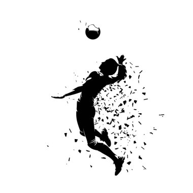 Voleybol oyuncusu, oynayan kadın, yalıtılmış vektör silueti dağılım etkisi, yan görüş. Dişi voleybol logosu