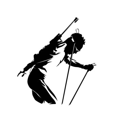 Biatlon, arka tarafta tüfekle kayak yapan bir biatlon sporcusunun yüksek kontrastlı vektör çizimi, kış sporları yarışması..