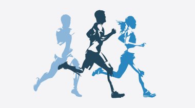 Koşu, atletizm, koşucular, atletizm sporcuları, soyut izole vektör siluetleri. Spor.
