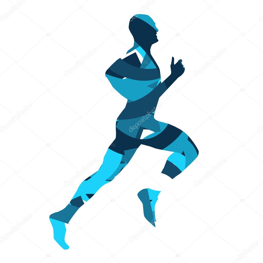 Runner. Running man, blue vector silhouette