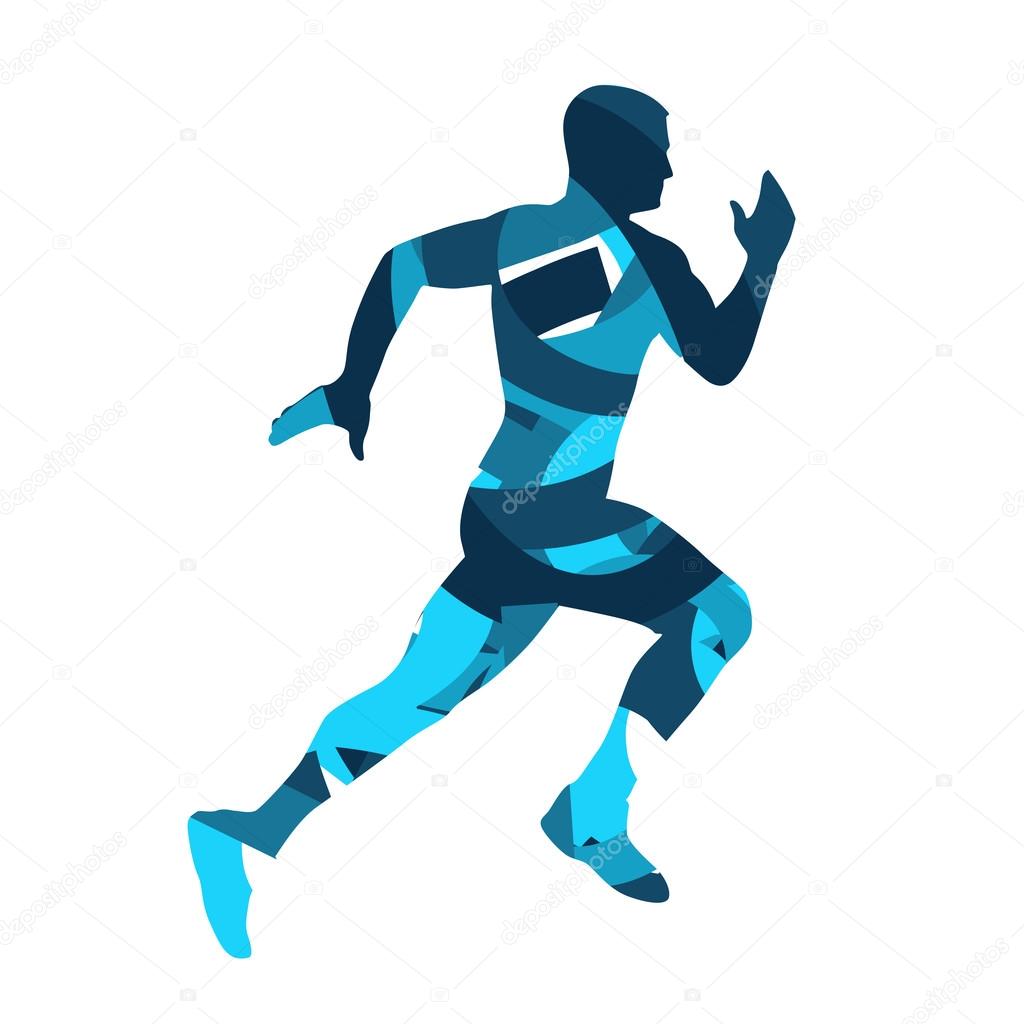 Runner. Running man, blue vector silhouette