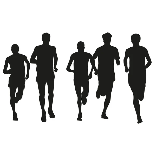 Conjunto de siluetas de corredores. Hombres corriendo. Vista frontal , — Vector de stock