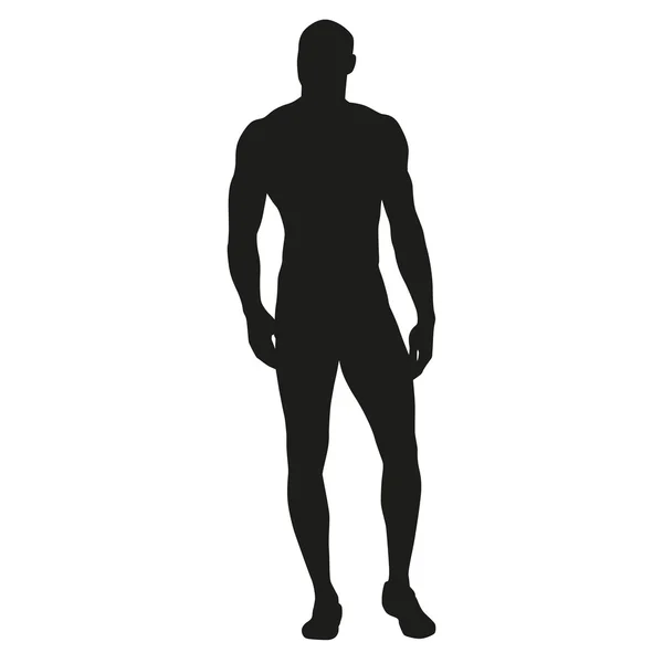 Muscular man stands, rippling athlete, sprinter, hero. Vector si — Stock Vector