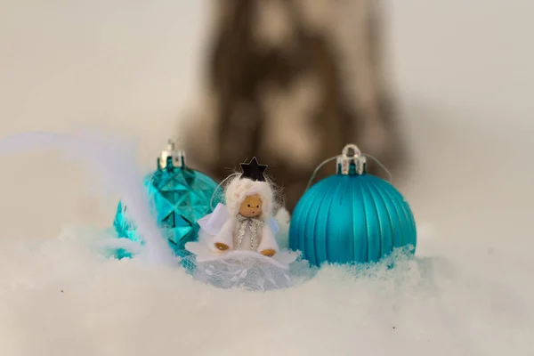 Angel Christmas Balls Snow Bokeh Background Christmas Card Copy Space — Stock Photo, Image