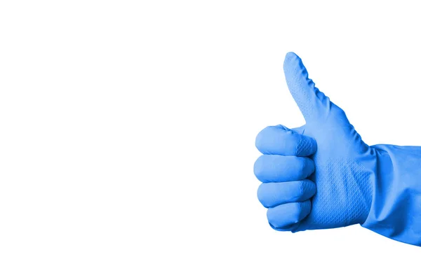 Daumen Hoch Hand Hand Blauem Latex Handschuh Isoliert Auf Weiß — Stockfoto