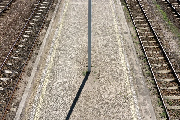Blick Von Oben Auf Den Hintergrund Zugverkehr Schienengleise Alte Eisenbahnhölzerne — Stockfoto