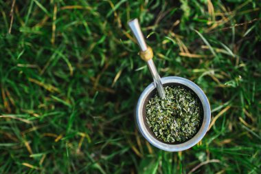 Metal gümüş bombilla içinde Yerba mate çayı. Doğal ve sağlıklı bir içecek çimlerin üzerinde..