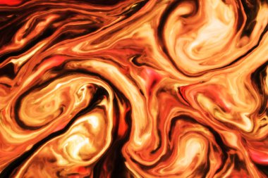 Turuncu ve siyah pigment karışımı. Süslü mozaik girdap arka plan şekilleri. Dinamik mürekkep akışı arka plan dokusu. Grafik tasarımı için sanatsal arkaplan.