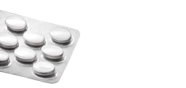 Witte Pillen Blisterverpakking Witte Achtergrond — Stockfoto