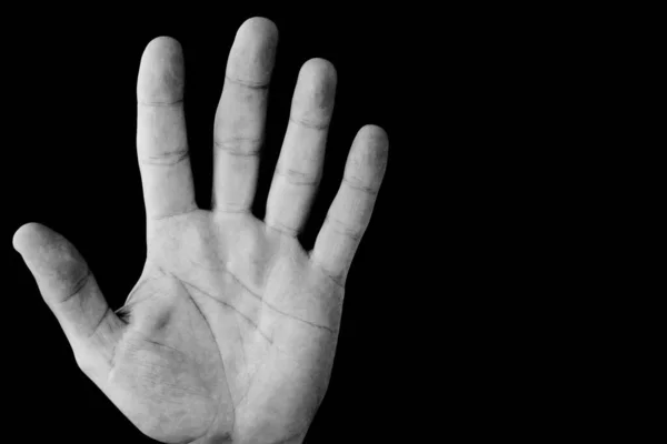 Dłoń Czarno Białymi Męskimi Dłońmi Pokazującymi Gest Dłoni Odizolowanej Ciemnym — Zdjęcie stockowe