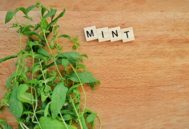 Ahşap arka planda bir sürü taze nane. Tahta bloklar ve harflerle süslü kelime.