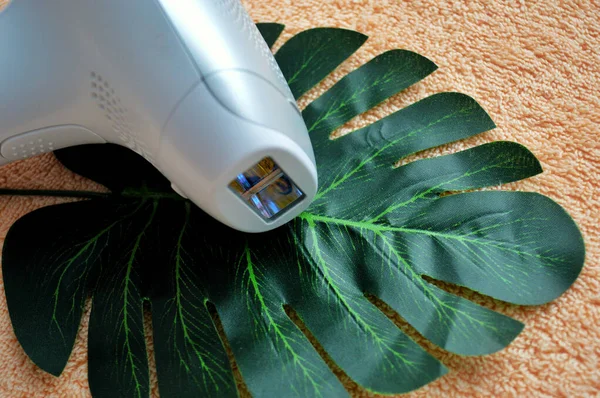 Photoepilator Encuentra Sobre Una Hoja Palma Sobre Fondo Tela Beige — Foto de Stock