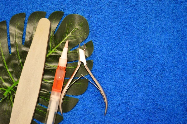 Lima per unghie e clippers si trovano su foglia di palma su uno sfondo di tessuto blu — Foto Stock