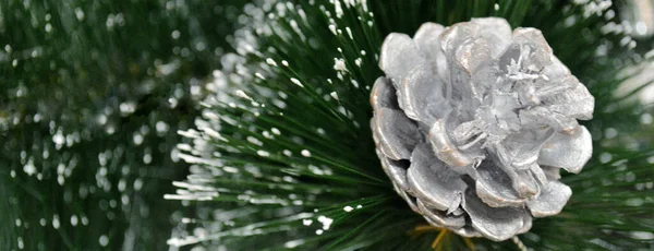 Beyaz Ladin Kozalağı Köknar Noel Dalında Karlı Pankart — Stok fotoğraf