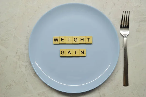 Phrase Weight Gain Made Wooden Letters Blue Plate Fork Light — Stock Photo, Image