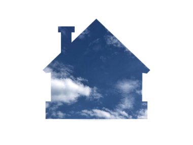 Mavi gökyüzü ve beyaz bulutlar. Evin kesik siluetini delip geçmiş..