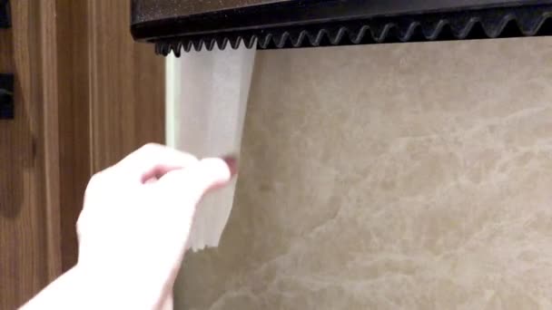 女性の手はバスルームでトイレットペーパーのロールを引っ張る — ストック動画