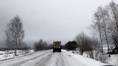 Kış yolunda kütükleri olan bir kamyon..