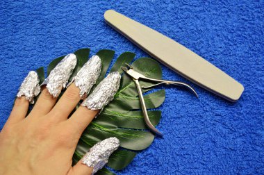 Tırnaklarından Shellac çıkarılıyor. Folyolu parmaklar, tel kesiciler ve mavi arka plandaki bir palmiye ağacının yeşil yapraklı tırnak törpüsü. Yakından çek. Ön görünüm.