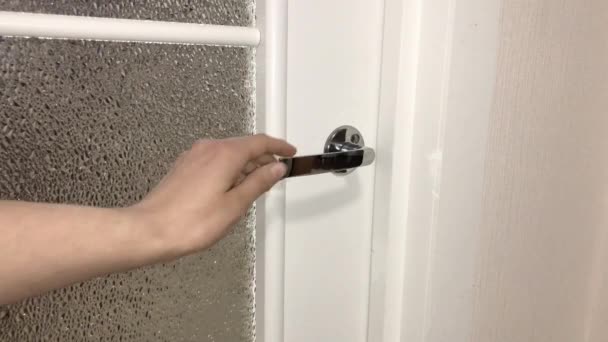 Woman Hand Presses Handle Opens Glass Door Kitchen — Vídeos de Stock