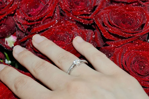 年轻女人牵着他的手在红玫瑰上 — 图库照片