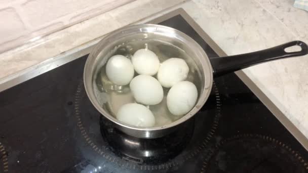 多くの白い卵は金属製の鍋で煮込まれる カメラズーム — ストック動画