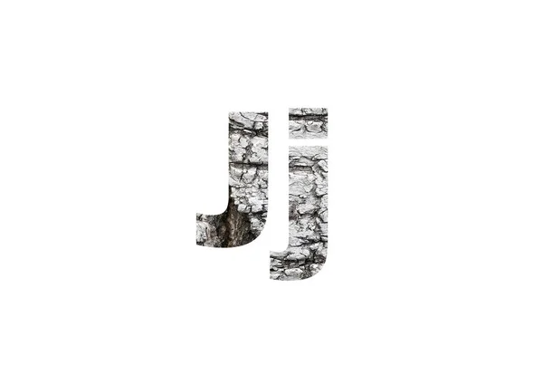 桦树树皮表面背景图像 透过字母J的剪裁轮廓拍摄 — 图库照片