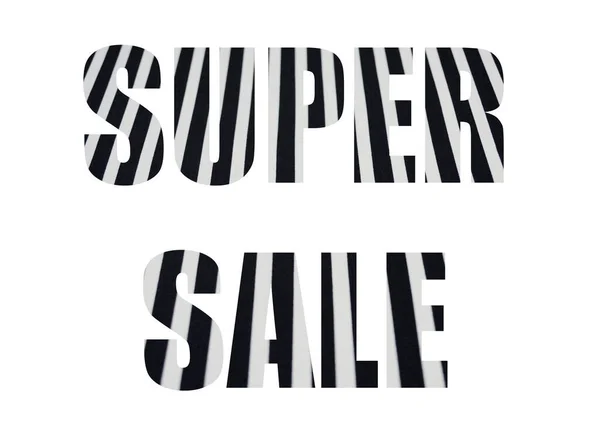 黑色和白色图形条纹面料背景 透过Super Sale这个字的剪裁轮廓拍摄 — 图库照片