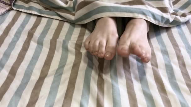 Young Woman Wiggling Bare Feet Blanket — Stock Video